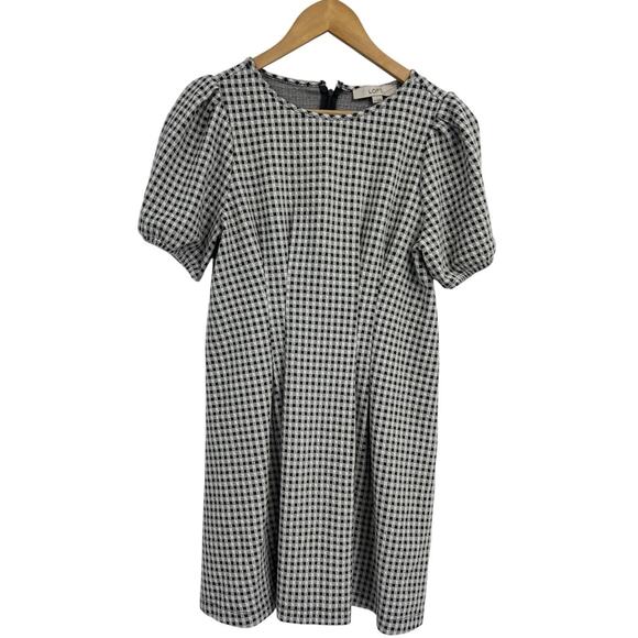Loft Grey Gingham Puff Sleeve Fit And Flare Dress Size 6 - Picture 1 of 4